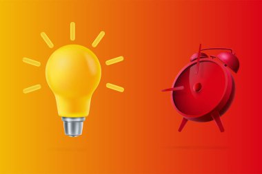 Lamba ve çalar saat. Fikir ya da yenilik kavramı ve tam zamanında. Vektör illüstrasyonu.