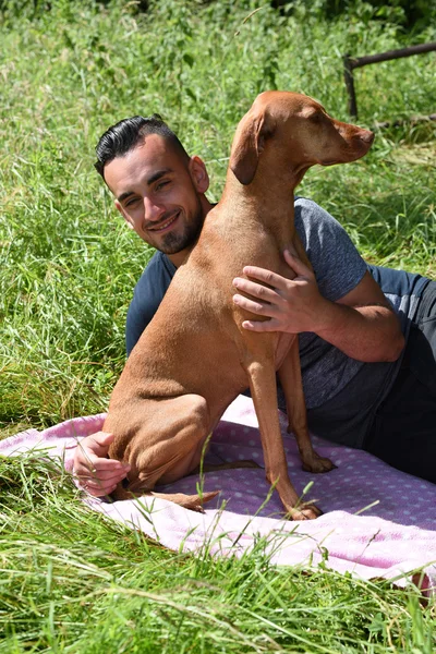 Man lying on rug strokes Hungarian Vizsla — Stock Photo, Image