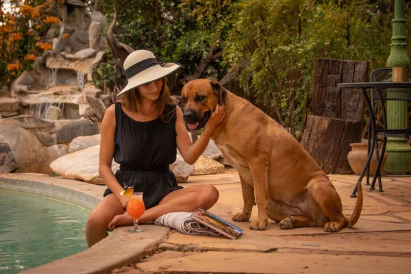 Brunett Hatt Med Hund Vid Poolen — Stockfoto