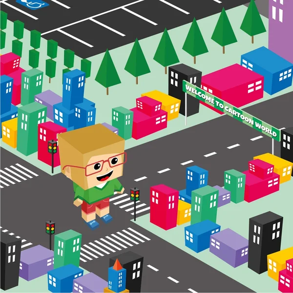 Personaggio cartone animato sulla strada della città — Vettoriale Stock