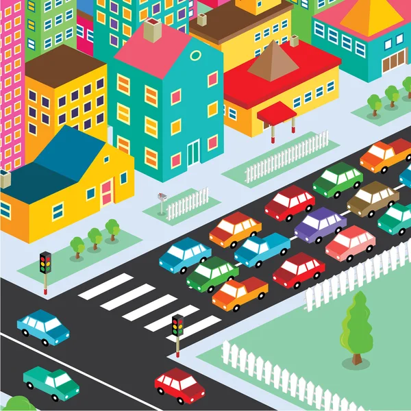 Traffic jam residentiële weergave — Stockvector