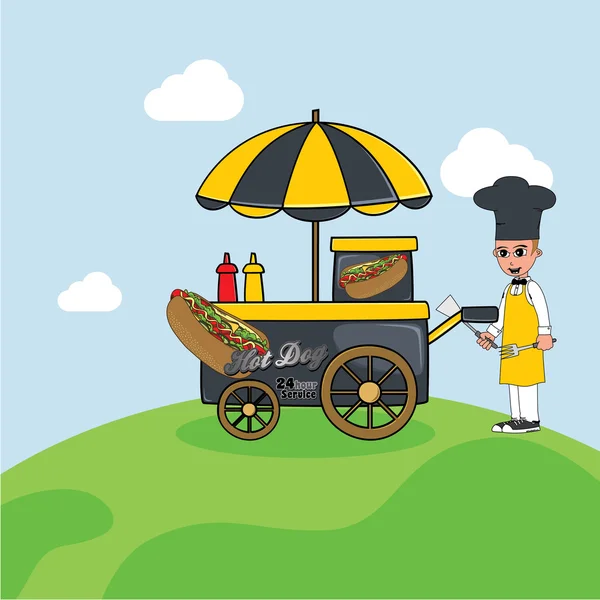 Tema de dibujos animados vendedor carrito de comida — Vector de stock