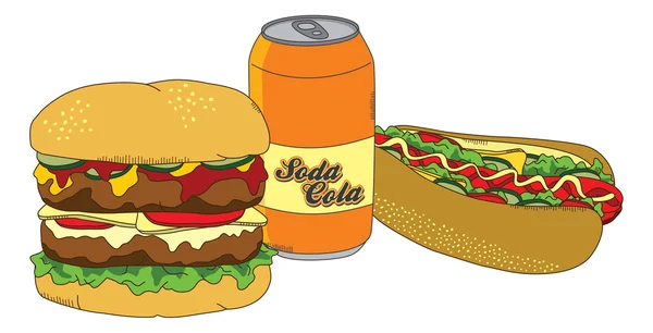 Kompilation von Essen und Trinken mit Soda — Stockvektor