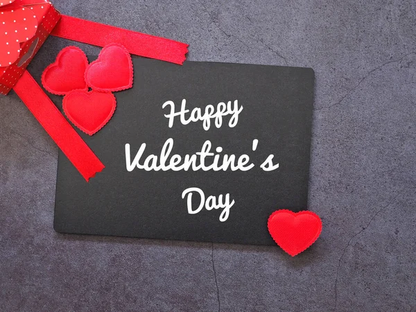 Word Happy Valentine Day Blackboard Red Heart Gift Bow Ribbon — Stock Photo, Image