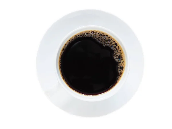 Вид Сверху Горячего Черного Кофе Белой Кружке Блюдцем Изолированным Белом — стоковое фото