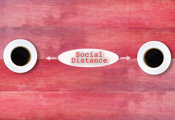 Deux Tasses Café Avec Mot Milieu Distance Sociale Sur Fond — Photo