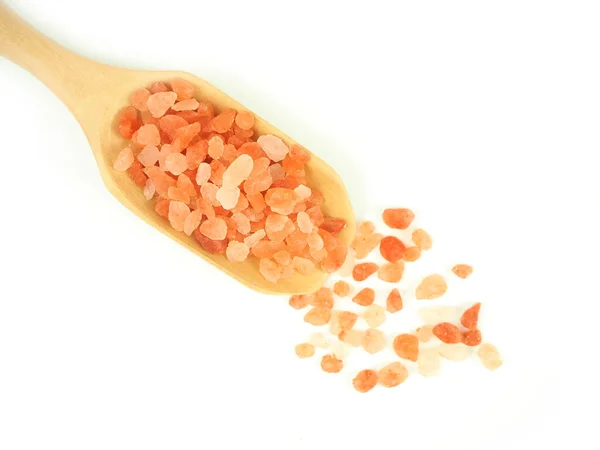 Flat Lay Top View Himalayan Pink Salt Wooden Scoop Isolated — Stock Photo, Image