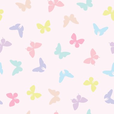 Vektör kelebeği kusursuz tekrarlanmayan desen tasarımı arka planı. Rastgele renkli kelebek silueti, tatlı kız pastel deseni..