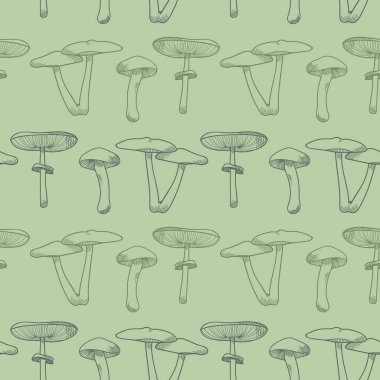 Çizgi mantarları yeşil desen arka planı. El çizimleri, mantar elementli doğa deseni..