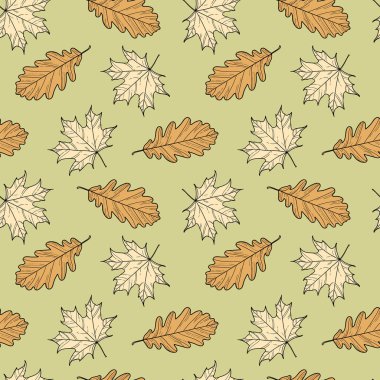 Meşe palamudu ve akçaağaç yaprakları pürüzsüz sonbahar tekrarlayan model vektör tasarımı arka planı bırakır. Botanik illüstrasyon.