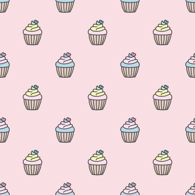 Tatlı pastel kek deseni, el çizimi kekler, pembe kek arkaplan vektör deseni..