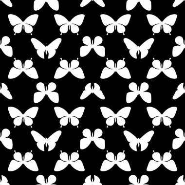 Siyah ve beyaz kelebek pürüzsüz tekrar desenli vektör, kelebek siluetleri. Beyaz kelebekler, siyah arka plan.