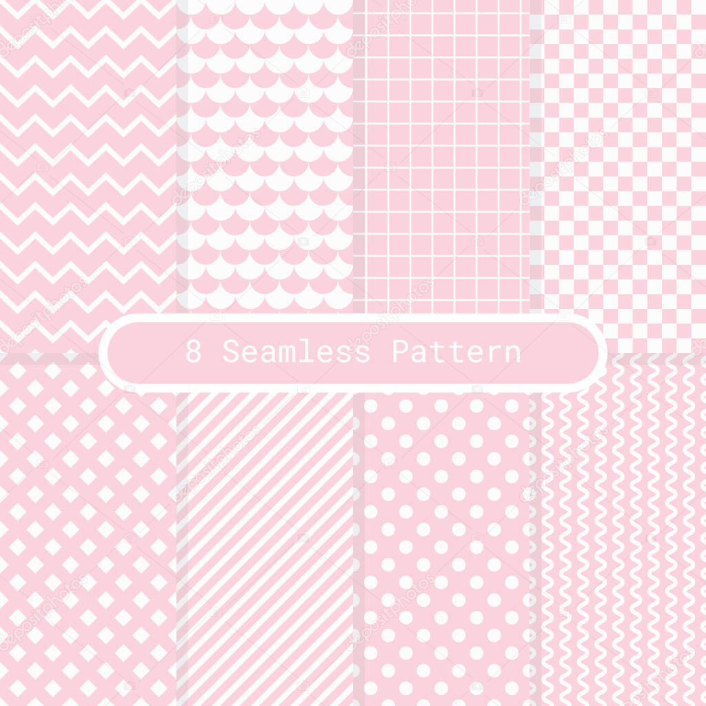 8 seamless patterns pink and white pattern set, pattern pack. Geometric patterns.