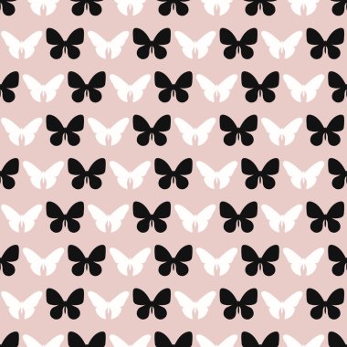 Siyah beyaz ve çıplak kelebek silueti kusursuz tekrar eden soyut arkaplan.