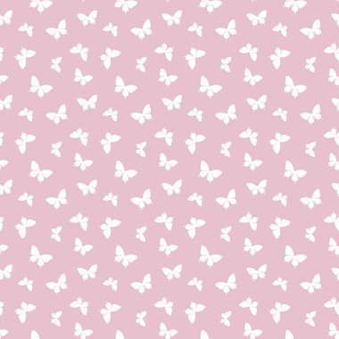 Pastel pembe ve beyaz rastgele kelebek siluetleri kusursuz tekrarlanmayan desen tasarımı,