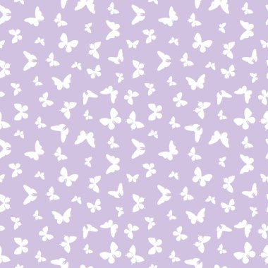 Pastel mor ve beyaz rastgele kelebek siluetleri kusursuz tekrarlanmayan desen tasarımı,