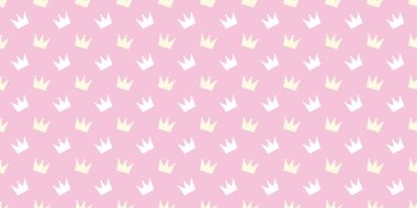 Taçlar kusursuz tekrarlama kalıplı arka plan, prenses vektörü. Pembe, beyaz ve sarı.