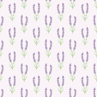 Lavanta çiçekleri mor vektör pürüzsüz desen. Güzel menekşe lavanta retro arka planı. Işık arkaplan yüzeyindeki zarif kumaş desen tasarımı.