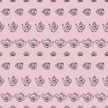 Çaydanlık kusursuz tekrarlama şablonu, vektör arkaplan, çaydanlık ve fincanlar.