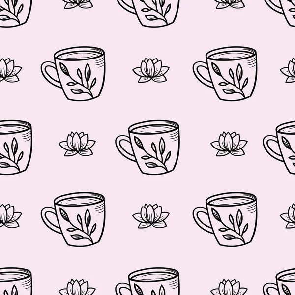 Çay fincanları kusursuz tekrarlanan arka plan vektörü. Şirin kupalar, çiçekli bardaklar..