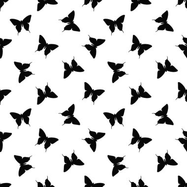 Siyah ve beyaz pürüzsüz tekrar desenli kelebek tasarımı, vektör kelebekleri.
