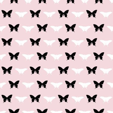 Vektör kelebeği kusursuz tekrarlanmayan desen tasarımı arka planı. Pastel kızsı desenli arka plan. Rastgele kelebek siluetleri.