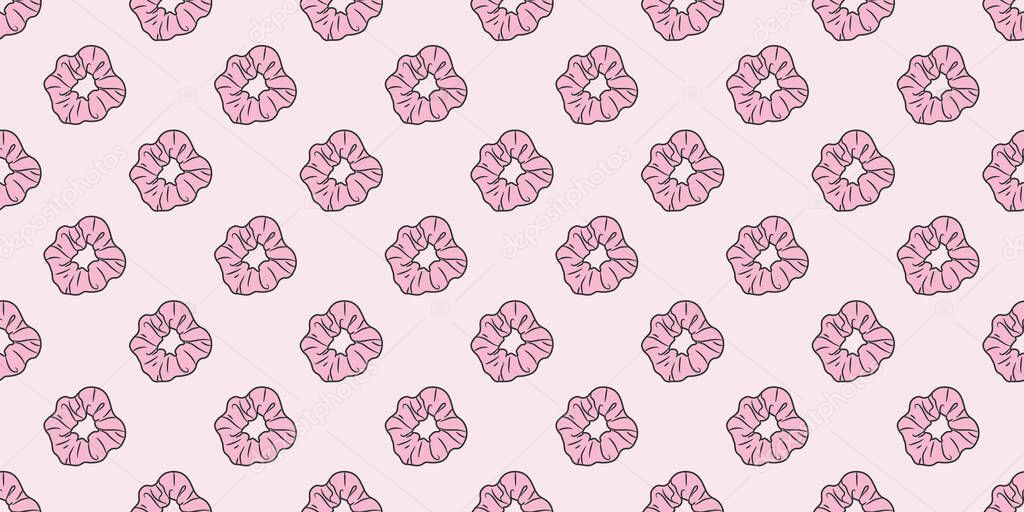 Pastel pink scrunchies repeat pattern, hair tie seamless design with scrunchy elements, girly background, cute wallpaper