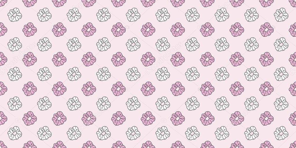 Pastel pink scrunchies repeat pattern, hair tie seamless design with scrunchy elements, girly background, cute wallpaper