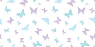 Kelebek silueti pürüzsüz vektör desenli arka plan, pastel renkli şirin yay deseni, vektör kelebekleri, tekrarlayan duvar kağıdı mavi ve mor