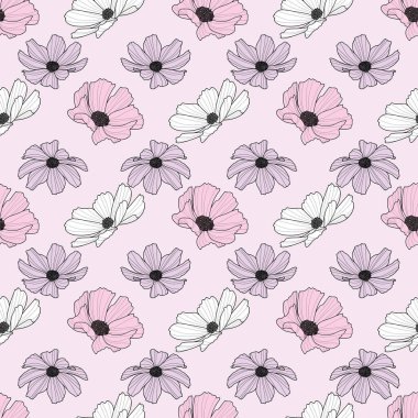Bahçe kozmosu çiçek deseni, vektör çiçek arkaplanı, bahar deseni, şirin pastel çiçek tasarımı.