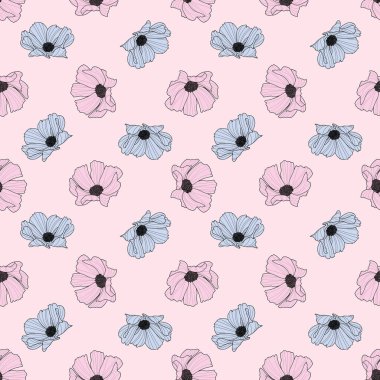 Bahçe kozmosu çiçek deseni, vektör çiçek arkaplanı, bahar deseni, şirin pembe ve mavi pastel çiçek deseni.