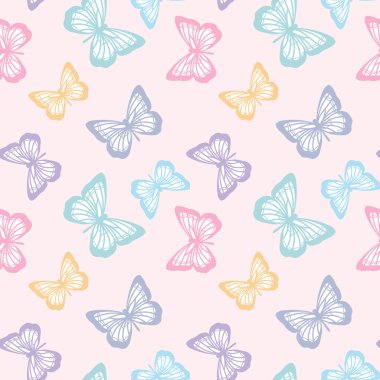 Vektör kelebeği kusursuz tekrarlanmayan desen tasarımı arka planı. Rastgele renkli kelebek silueti, tatlı kız pastel deseni..