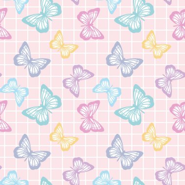 Vektör kelebeği kusursuz tekrarlanmayan desen tasarımı arka planı. Rastgele renkli kelebek silueti, tatlı kız pastel deseni..