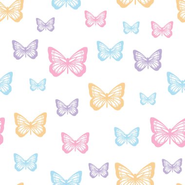 Vektör kelebeği kusursuz tekrarlanmayan desen tasarımı arka planı. Rastgele renkli kelebek silueti, tatlı kız pastel deseni..