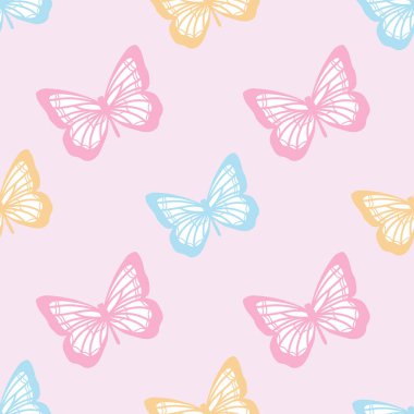 Vektör kelebeği kusursuz tekrarlanmayan desen tasarımı arka planı. Rastgele renkli kelebek silueti, tatlı kız pastel deseni..