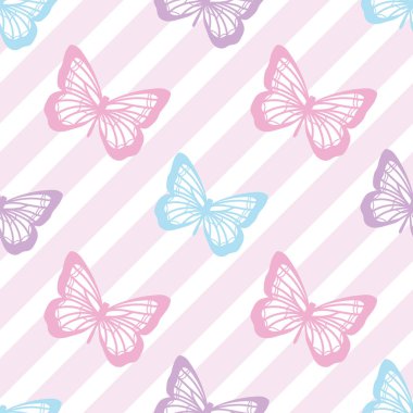 Vektör kelebeği kusursuz tekrarlanmayan desen tasarımı arka planı. Rastgele renkli kelebek silueti, tatlı kız pastel deseni..