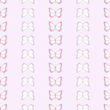 Vektör kelebeği kusursuz tekrarlanmayan desen tasarımı arka planı. Pembe ve mor kelebek silueti, tatlı kız pastel deseni..