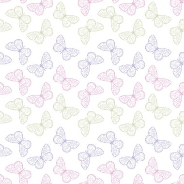 Vektör kelebeği kusursuz tekrarlanmayan desen tasarımı arka planı. Rastgele renkli kelebek silueti, tatlı kız pastel deseni..