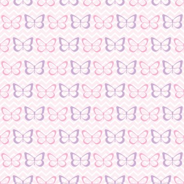 Vektör kelebeği kusursuz tekrarlanmayan desen tasarımı arka planı. Zigzag arkaplan, pembe ve mor kelebekler