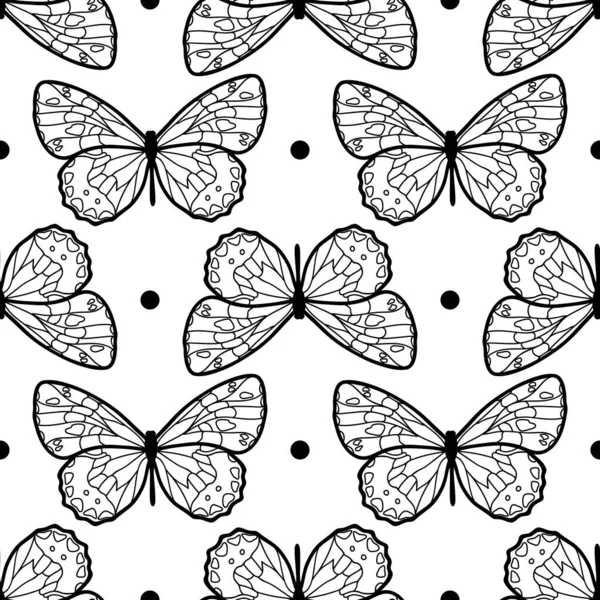 ベクター蝶のシームレスな繰り返しパターンデザインの背景 黒と白の蝶のシルエット かわいいパターン — ストックベクタ