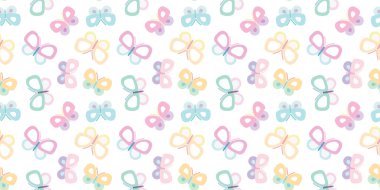 Şirin çizgi film kelebekleri kusursuz. Duvar kağıdını tekrarlayan, tekrar eden bir model vektör arka planı..