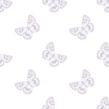 Kelebeksiz desen tasarımı, vektör duvar kâğıdı, şirin kız arkaplanı. Pastel mor ve beyaz tekrarlama deseni.