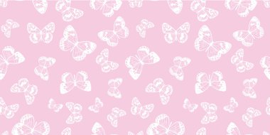 Pembe ve beyaz kelebek deseni. Pastel kelebek pürüzsüz tekrar desenli tasarım, vektör duvar kağıdı, sevimli kız arkaplan.