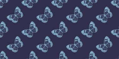 Koyu mavi kelebek arka planı. Kelebek dikişsiz desen tasarımı, vektör duvar kağıdı, sevimli kız arkaplan.