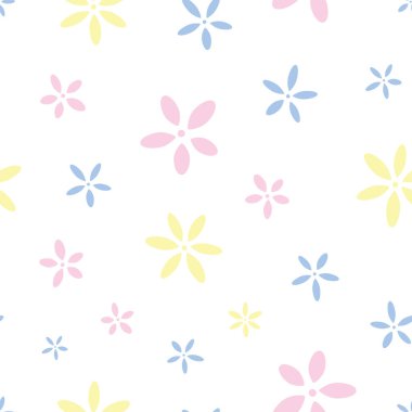 Cute floral vector repeat pattern design, adorable tiny flowers on white background. Pastel wallpaper for spring. Colorful girly design.