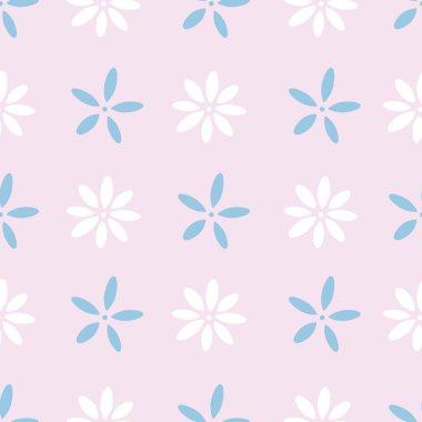 Simple flower pattern, seamless vector repeat pattern, cute spring background. Purple, white and blue, pastel design.
