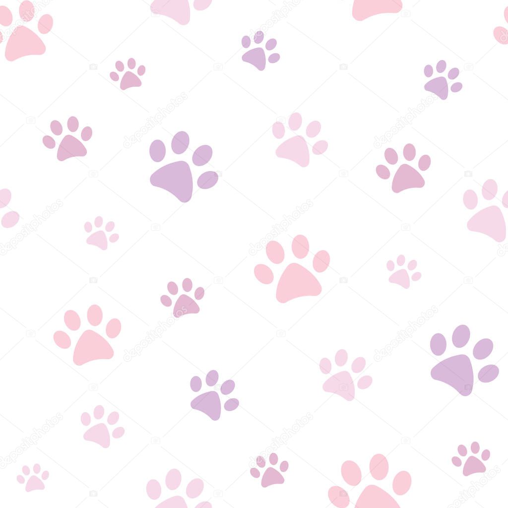 Purple and pink vector paw pattern for pets. Seamless repeat pattern background.