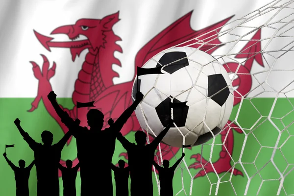 Siluetas de Abanicos de Fútbol con Bandera de Wales .Cheer Concept — Foto de Stock