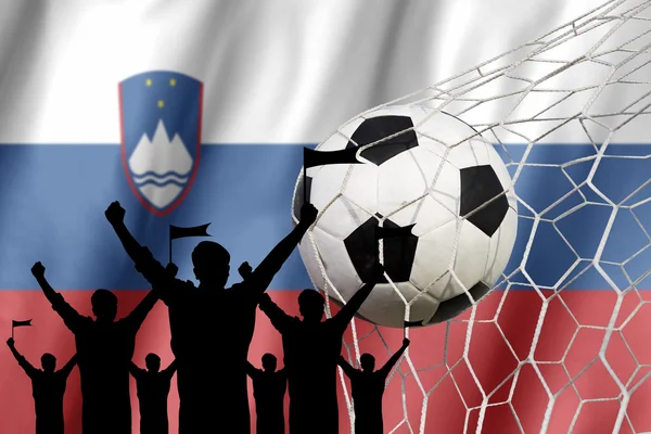 Silhouette dei tifosi di calcio con bandiera slovena .Cheer Concept — Foto Stock