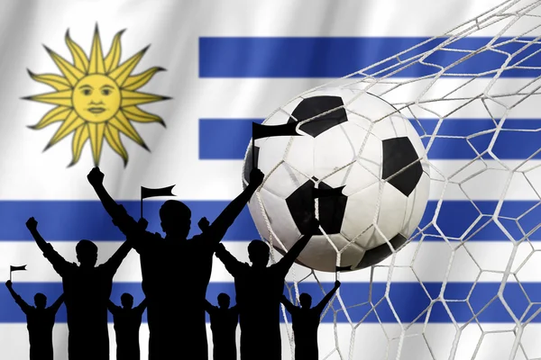 Siluetas de Abanicos de Fútbol con Bandera de Uruguay .Cheer Concept —  Fotos de Stock